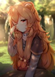 Rule 34 | 1girl, absurdres, animal ears, blurry, blurry background, brown hair, collar, commentary, day, english commentary, hair between eyes, highres, long hair, nature, one eye closed, outdoors, raccoon girl, raphtalia, red eyes, rubbing eyes, solo, tate no yuusha no nariagari, tsukimaru, very long hair