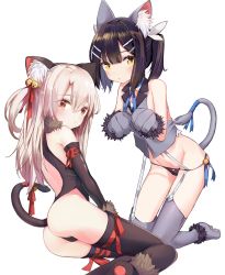Rule 34 | 2girls, animal ears, ass, bare shoulders, bbci, black gloves, black hair, black legwear, blonde hair, blush, breasts, cat ears, cat tail, commentary request, fate/kaleid liner prisma illya, fate (series), gloves, hair ornament, hairclip, highres, illyasviel von einzbern, long hair, looking at viewer, miyu edelfelt, multiple girls, navel, official alternate costume, open mouth, red eyes, ribbon, simple background, small breasts, tail, thighhighs, twintails, white background, yellow eyes