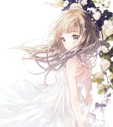 Rule 34 | 1girl, arms behind back, artist name, back, bare arms, brown hair, cowboy shot, dress, flower, from side, gomzi, long hair, looking at viewer, original, outdoors, own hands together, rose, smile, solo, sundress, tareme, white dress, yellow eyes