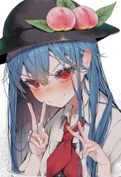 Rule 34 | 1girl, absurdres, black hat, blue hair, blush, closed mouth, collared shirt, double v, food, fruit, hair between eyes, hat, highres, hinanawi tenshi, long hair, looking at viewer, necktie, peach, red eyes, red necktie, shirt, short sleeves, smile, solo, touhou, tsune (tune), upper body, v, white shirt