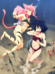 Rule 34 | 2girls, air bubble, animal ears, aqua eyes, barefoot, bikini, blue eyes, blue hair, breasts, breath, bubble, cat ears, cat tail, diving, fang, feet, feguimel, fish, freediving, holding breath, long hair, medium breasts, multiple girls, navel, ocean, open mouth, original, pink hair, puffy cheeks, sand, short hair, small breasts, smile, sports bikini, striped, surprised, swimming, swimsuit, tail, tattoo, tiger stripes, toes, underboob, underwater, water, watermark, web address, yellow eyes