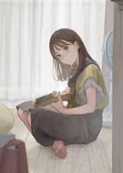 Rule 34 | 1girl, absurdres, barefoot, brown eyes, brown hair, brown skirt, curtains, electric fan, guitar, highres, holding, holding instrument, indoors, instrument, looking at viewer, on floor, original, shirt, short sleeves, sitting, skirt, solo, utaka (anyoanyot), yellow shirt