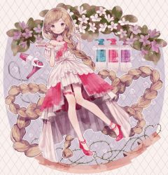 Rule 34 | 1girl, absurdly long hair, blush, braid, braided bangs, brown hair, commentary request, dress, earrings, flower, flower necklace, full body, hair brush, hair dryer, hands up, highres, holding, jewelry, long hair, looking at viewer, necklace, outline, overskirt, rapunzel, red footwear, shampoo bottle, shoes, short sleeves, side braid, single braid, skirt, smile, solo, supika, thigh strap, very long hair, white outline