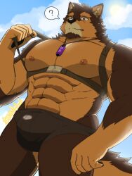 Rule 34 | 1boy, ?, abs, alternate costume, animal ears, bara, blue male swimwear, brown fur, bulge, chest belt, cloud, cloudy sky, dog boy, dog ears, facial hair, feet out of frame, from below, furry, furry male, goatee, harness pull, highres, jewelry, large pectorals, live a hero, looking at viewer, male focus, male swimwear, mallards, muscular, muscular male, navel, necklace, nipples, pectorals, pubraseer (live a hero), pulled by self, short hair, sky, solo, spoken question mark, stomach, swim briefs, thick eyebrows, thick thighs, thighs, topless male, two-tone fur, underbust