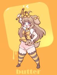Rule 34 | 1girl, ahoge, animal ears, blue eyes, blush, blush stickers, bow, butter (trickcal), character name, dog ears, dog girl, dog tail, full body, hairband, highres, light brown hair, long hair, looking at viewer, open mouth, shorts, slingshot (weapon), smile, solo, striped clothes, striped thighhighs, tail, thighhighs, toriseru (rare stone), trickcal