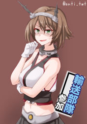 Rule 34 | 10s, anti (untea9), black skirt, breasts, brown background, brown hair, collar, collarbone, commentary request, finger to own chin, gameplay mechanics, gloves, green eyes, hair between eyes, headgear, highres, kantai collection, looking at viewer, medium breasts, midriff, mutsu (kancolle), navel, open mouth, shaded face, short hair, skirt, solo, twitter username, white gloves