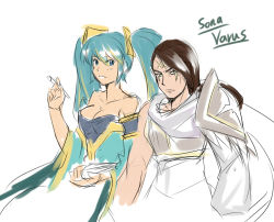 Rule 34 | 1boy, 1girl, alternate costume, aqua hair, blue eyes, breasts, brown hair, cleavage, facial mark, large breasts, league of legends, long hair, nam (valckiry), short hair, sona (league of legends), twintails, varus, white background, yellow eyes