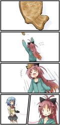 10s 2girls az:u blue_hair blush comic eating female_focus food long_hair long_image mahou_shoujo_madoka_magica mahou_shoujo_madoka_magica_(anime) miki_sayaka multiple_girls red_hair sakura_kyoko silent_comic string string_of_fate taiyaki tall_image wagashi yuri