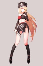 Rule 34 | 1girl, asymmetrical clothes, black hat, black skirt, black socks, blonde hair, boots, character request, closed mouth, crop top, floating hair, frown, full body, grey background, hat, highres, holding, holding knife, kneehighs, knife, long hair, long sleeves, looking to the side, midriff, miniskirt, nami qi, pirate hat, print skirt, red eyes, side slit, simple background, skirt, socks, solo, standing, stomach, swept bangs, thigh strap, very long hair
