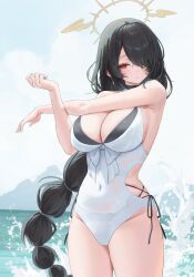 Rule 34 | 1girl, absurdres, bare arms, bare legs, bare shoulders, bikini, black bikini, black hair, blue archive, blush, braid, breasts, cleavage, closed mouth, cowboy shot, day, hair over one eye, halo, highres, hinata (blue archive), hinata (swimsuit) (blue archive), large breasts, long hair, navel, ocean, official alternate costume, outdoors, p00nipooni, red eyes, single braid, solo, stretching, swimsuit, water, yellow halo
