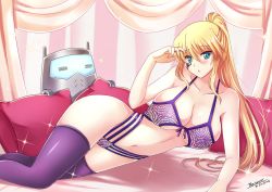 Rule 34 | 1girl, :o, = =, artist name, bare shoulders, bed, blonde hair, blue eyes, blush, bra, breasts, canopy bed, cleavage, collarbone, dated, front-tie top, highleg, highleg panties, large breasts, long hair, looking at viewer, lying, navel, nipples, on bed, on side, original, panties, pillow, ponytail, purple bra, purple panties, purple thighhighs, revealing clothes, robot, see-through, sleeveless, solo, sparkle, the-sinner, thighhighs, underboob, underwear