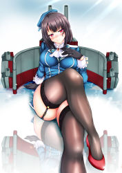 Rule 34 | 10s, 1girl, absurdres, beret, black gloves, black hair, black thighhighs, blush, breasts, cannon, crossed legs, garter straps, gloves, hat, high heels, highres, jacket, kantai collection, large breasts, long sleeves, mast, military, military uniform, miniskirt, red eyes, short hair, siki2046, sitting, skirt, solo, sunlight, takao (kancolle), thighhighs, turret, uniform, water