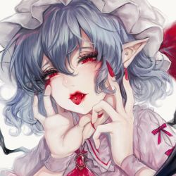 Rule 34 | 1girl, ascot, blue hair, blush, brooch, collared shirt, commentary, ear piercing, eyelashes, fang, fingernails, frilled shirt collar, frills, hair between eyes, half-closed eyes, hands on own face, hands up, hat, hat ribbon, highres, jewelry, kyogoku-uru, lips, looking at viewer, mob cap, nail polish, open mouth, piercing, pink ribbon, pointy ears, portrait, puffy short sleeves, puffy sleeves, red ascot, red eyes, red lips, red nails, red ribbon, remilia scarlet, ribbon, sharp fingernails, shirt, short hair, short sleeves, sidelocks, silver hair, simple background, sleeve ribbon, slit pupils, solo, symbol-only commentary, tongue, tongue out, tongue piercing, touhou, very long fingernails, wavy hair, white background, white hat, wings, wrist cuffs