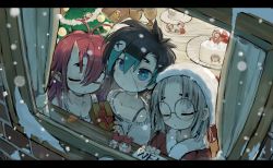 Rule 34 | 3girls, antenna hair, bibi-chan (ebimomo), black choker, black hair, blue eyes, blue hair, cake, choker, christmas present, closed eyes, ebimomo, food, from outside, gift, glasses, grey hair, hat, highres, holding, horns, letterboxed, looking up, mini person, minigirl, mole, mole under eye, mole under mouth, multicolored hair, multiple girls, oni horns, original, parted lips, red hair, round eyewear, santa hat, short hair, snowing, stitched face, stitches, two-tone hair