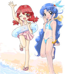 Rule 34 | 00s, 2girls, :d, ;d, arm up, armpits, beach, bikini, blue eyes, blue hair, body blush, bracelet, casual one-piece swimsuit, clenched hand, fine (futagohime), flat chest, fushigiboshi no futago hime, hair bobbles, hair ornament, hair ribbon, hand to own mouth, innertube, jewelry, leg lift, legs, long hair, looking at viewer, multiple girls, navel, ocean, one-piece swimsuit, one eye closed, open mouth, outdoors, parted bangs, ponytail, profile, red eyes, red hair, rein (futagohime), ribbon, sandals, scrunchie, short twintails, siblings, sidelocks, sisters, smile, standing, standing on one leg, swim ring, swimsuit, tankini, twintails, very long hair, water, waving, wavy hair, wink