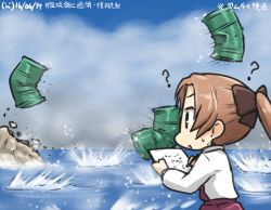 Rule 34 | 1girl, ?, akigumo (kancolle), bear, bow, brown hair, cloud, commentary request, dated, day, drawing, drum (container), green eyes, hair bow, hamu koutarou, holding, holding pencil, kantai collection, long hair, long sleeves, ocean, pencil, ponytail, rock, school uniform, sketch, smoke, solo, sweat, vest