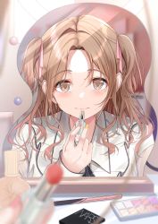 Rule 34 | 1girl, absurdres, blurry, blurry background, blurry foreground, blush, brown hair, cosmetics, depth of field, hair ribbon, highres, ichikawa hinana, idolmaster, idolmaster shiny colors, kunimine yuzuki, light smile, lipstick, looking at viewer, makeup, mirror, nail polish, parted bangs, pov, reflection, ribbon, school uniform, solo, two side up, upper body