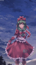 Rule 34 | 1girl, adapted costume, belt, black pantyhose, boots, choker, cloud, dated, female focus, fingerless gloves, frilled skirt, frills, front ponytail, gloves, green eyes, green hair, hair ornament, hair ribbon, highres, huanxiang huifeng, kagiyama hina, long hair, matching hair/eyes, nodata, pantyhose, ribbon, skirt, skirt hold, sky, smile, snow, solo, touhou, tree, vest, winter clothes