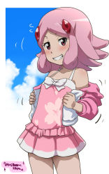 Rule 34 | 1girl, awa, blush, cherry blossom print, cloud, day, floral print, hair ornament, hairclip, highres, looking at viewer, one-piece swimsuit, outdoors, pink eyes, pink hair, pink skirt, pink one-piece swimsuit, print swimsuit, puzzle &amp; dragons, short hair, skirt, smile, solo, swimsuit, swimsuit skirt, uzuki sakura