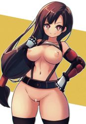 Rule 34 | 1girl, black hair, breasts, bright pupils, brown eyes, closed mouth, elbow gloves, final fantasy, final fantasy vii, functionally nude, gloves, highres, large breasts, long hair, looking at viewer, nipples, no nose, smile, solo, somesome, square enix, suspenders, thighhighs, tifa lockhart
