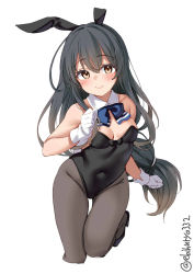 Rule 34 | 1girl, black footwear, black hair, black leotard, black pantyhose, blush, breasts, brown eyes, closed mouth, detached collar, ebifurya, foot out of frame, gloves, groin, hair between eyes, hatsushimo (kancolle), high heels, highres, kantai collection, leotard, long hair, low-tied long hair, one-hour drawing challenge, pantyhose, playboy bunny, simple background, small breasts, smile, solo, thighs, twitter username, white background, white gloves