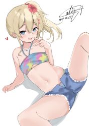 Rule 34 | 1girl, absurdres, bikini, blonde hair, blue bikini, blue shorts, calin, cutoffs, dated, denim, denim shorts, feet out of frame, flat chest, grecale (kancolle), green eyes, halterneck, highres, kantai collection, long hair, multicolored bikini, multicolored clothes, official alternate costume, one-hour drawing challenge, shorts, side ponytail, signature, simple background, solo, swimsuit, wavy hair, white background