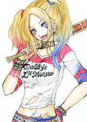 Rule 34 | 1girl, baseball bat, batman (series), belt, blue eyes, bracelet, breasts, choker, colored tips, dc comics, harley quinn, jewelry, long hair, makeup, multicolored hair, suicide squad, tattoo, twintails, weapon