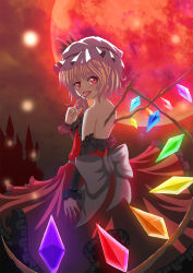 Rule 34 | 1girl, alternate costume, back, backless outfit, bad id, bad pixiv id, bare shoulders, blonde hair, blood, bow, claws, detached sleeves, dress, embodiment of scarlet devil, female focus, flandre scarlet, frills, full moon, looking back, moon, red eyes, red moon, scarlet devil mansion, shirokuro (monochrome0226), side ponytail, solo, tongue, touhou, wings