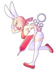 Rule 34 | 1girl, absurdres, animal ears, breasts, commentary, crop top, english commentary, fiz (fizintine), fizintine, from side, full body, hair ribbon, heart, highres, holding, holding syringe, large breasts, looking away, original, pink hair, rabbit ears, rabbit girl, rabbit tail, red footwear, red ribbon, ribbon, short hair, short shorts, shorts, sideboob, sidelocks, simple background, solo, syringe, tail, thighhighs, white shorts, white thighhighs, wrist cuffs