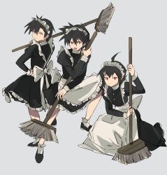 Rule 34 | 3boys, :d, ahoge, alternate costume, apron, black dress, black hair, brendan (pokemon), broom, buttons, chinese commentary, closed mouth, commentary request, creatures (company), crossdressing, dress, enmaided, ethan (pokemon), frills, game freak, hair between eyes, highres, holding, holding broom, legs apart, long sleeves, maid, maid headdress, male focus, multiple boys, nintendo, open mouth, pokemon, pokemon adventures, red (pokemon), red eyes, sakanobo (sushi1021), short hair, smile, tongue, yellow eyes