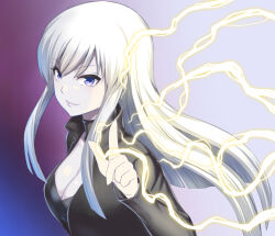 Rule 34 | 1girl, black jacket, blue eyes, blue hair, bodysuit, breasts, cleavage, closed mouth, collar, devil summoner, gradient background, index finger raised, jacket, large breasts, lightning, lips, long hair, looking at viewer, medium breasts, nemissa, o223, pale skin, sidelocks, simple background, smile, solo, soul hackers, white hair