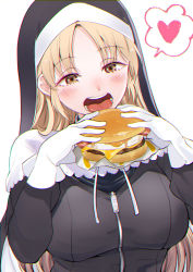 Rule 34 | 1girl, absurdres, black dress, blonde hair, blush, breasts, brown eyes, burger, commentary request, dress, eating, food, gloves, habit, heart, highres, holding, holding food, large breasts, long hair, long sleeves, nijisanji, nun, open mouth, parted bangs, sakayama shinta, simple background, sister claire, sister claire (1st costume), solo, speech bubble, spoken heart, traditional nun, upper body, virtual youtuber, white background, white gloves, zipper pull tab