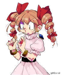 Rule 34 | 1girl, belt, bow, bracelet, brown hair, bruise, bruise on face, cigarette, commentary request, dangle earrings, dated, dress, drill hair, earrings, furukawa (yomawari), hair bow, hair ribbon, holding, injury, jewelry, matches, medium hair, pink dress, puffy short sleeves, puffy sleeves, red bow, red ribbon, ribbon, ring, sharp teeth, short sleeves, simple background, solo, teeth, touhou, twin drills, white background, yorigami jo&#039;on