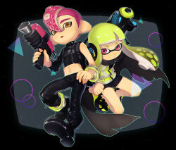 1boy 1girl agent_3_(splatoon) agent_8_(splatoon) anklet behind-the-head_headphones bike_shorts black_cape black_footwear black_jacket black_pants black_shirt black_shorts boots brown_eyes cape closed_mouth commentary_request crop_top full_body green_hair hair_between_eyes hand_on_own_hip headphones hero_shot_(splatoon_1) high-visibility_clothing high-visibility_vest holding holding_weapon inkling jacket jewelry long_hair midriff nintendo octo_shot_(splatoon) octoling open_mouth pants pink_eyes pink_hair sakino_(sanodon) shirt short_hair shorts single_sleeve splatoon_(series) splatoon_2 splatoon_2:_octo_expansion tentacle_hair torn_cape torn_clothes twintails weapon wristband zipper zipper_pull_tab