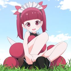 Rule 34 | 1girl, :d, bare arms, bare shoulders, black footwear, blue sky, blunt bangs, bonnet, cloud, commentary request, day, full body, grass, highres, hugging own legs, kemurikusa, long hair, looking at viewer, open mouth, outdoors, pink eyes, pink hair, rina (kemurikusa), sat-c, sitting, sky, sleeveless, smile, solo, twintails, v-shaped eyebrows