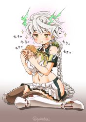 Rule 34 | 10s, 1girl, asymmetrical hair, bare shoulders, blush stickers, braid, breasts, brown legwear, burger, cheek bulge, cleavage cutout, clothing cutout, cloud print, crop top, eating, food, from side, hair ornament, highres, hip vent, kantai collection, large breasts, long hair, looking down, midriff, navel, pleated skirt, single braid, sitting, skirt, sogabe toshinori, solo, sparkling eyes, unryuu (kancolle), very long hair, wariza, wavy mouth