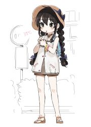 Rule 34 | 1girl, backpack, bag, black hair, black nails, blush stickers, bow, braid, brown dress, brown footwear, brown hat, brown neckwear, brown shorts, commentary request, cup, disposable cup, dress, drinking, drinking straw, fingernails, full body, hair between eyes, hair bow, hat, hat bow, highres, holding, holding cup, idolmaster, idolmaster cinderella girls, long hair, low twintails, matoba risa, monochrome background, nail polish, purple bow, sandals, short shorts, shorts, solo, spawnfoxy, standing, toenail polish, toenails, twin braids, twintails, very long hair, white dress
