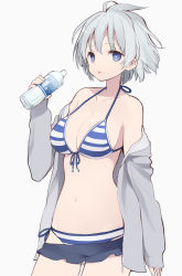 Rule 34 | 1girl, ahoge, bikini, bikini skirt, blue bikini, blue eyes, bottle, breasts, cleavage, collarbone, cowboy shot, front-tie bikini top, front-tie top, grey background, halterneck, highres, holding, holding bottle, hood, hoodie, itsumi (itumiyuo), kosegawa shiromi, large breasts, looking at viewer, navel, open clothes, open hoodie, open mouth, saki (manga), short hair, silver hair, simple background, solo, striped bikini, striped clothes, swimsuit