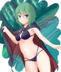 Rule 34 | 1girl, absurdres, antennae, biburu, bikini, black bikini, black cape, blush, breasts, cape, cape lift, closed mouth, commentary request, cowboy shot, green eyes, green hair, highres, looking at viewer, navel, red cape, short hair, small breasts, solo, swimsuit, touhou, two-sided cape, two-sided fabric, wriggle nightbug