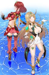 Rule 34 | 2girls, bare legs, bare shoulders, black gloves, blonde hair, breasts, chest jewel, cleavage, cleavage cutout, clothing cutout, dress, earrings, elbow gloves, fingerless gloves, gloves, highres, ii tea, jewelry, large breasts, long hair, multiple girls, mythra (xenoblade), pyra (xenoblade), red eyes, red hair, red legwear, red shorts, short dress, short hair, short shorts, shorts, swept bangs, thigh strap, thighhighs, tiara, very long hair, white dress, white footwear, white gloves, xenoblade chronicles (series), xenoblade chronicles 2, yellow eyes