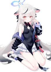 Rule 34 | 1girl, absurdres, animal ears, black dress, black hair, black jacket, black socks, blue archive, blush, breasts, china dress, chinese clothes, closed mouth, dress, extra ears, highres, jacket, kokona (blue archive), long hair, long sleeves, looking at viewer, multicolored hair, odaneru apart, open clothes, open jacket, orange eyes, shoes, simple background, small breasts, smile, socks, solo, streaked hair, striped clothes, striped dress, striped jacket, tiger ears, v, vertical-striped clothes, vertical-striped dress, vertical-striped jacket, white background, white footwear, white hair