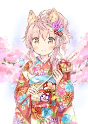 Rule 34 | 1girl, animal, animal ear fluff, animal ears, arrow (projectile), bell, bird, blue flower, bluebird, blush, braid, brown eyes, closed mouth, commentary request, ema, floral print, flower, hair flower, hair ornament, hamaya, high ponytail, holding, holding arrow, japanese clothes, jingle bell, kimono, long hair, long sleeves, obi, original, pink flower, pink hair, ponytail, print kimono, red kimono, red ribbon, ribbon, sash, sidelocks, smile, solo, branch, upper body, wataame27, wide sleeves, wolf-chan (wataame27), wolf ears