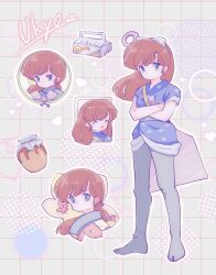 Rule 34 | absurdres, blue eyes, bow, brown hair, character name, circle, closed eyes, crossed arms, en 0410, full body, hair bow, happy, highres, kuonji ukyou, open mouth, ranma 1/2, spatula, standing, variations, white bow