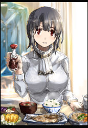 Rule 34 | black hair, border, breasts, food, food focus, highres, kantai collection, long sleeves, meal, medium breasts, red eyes, seitei (04seitei), shirt, short hair, sketch, solo, takao (kancolle), upper body, white shirt