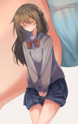 Rule 34 | 1girl, ^ ^, absurdres, between legs, black sweater, blue panties, blue skirt, blush, bow, bowtie, braid, brown hair, close-up, closed eyes, closed mouth, collared shirt, cowboy shot, embarrassed, female focus, flat chest, grey background, hair between eyes, hand between legs, have to pee, highres, legs together, long hair, long sleeves, miniskirt, multiple views, nose blush, original, own hands together, panties, pleated skirt, red bow, red bowtie, school uniform, shirt, sidelocks, simple background, skirt, standing, sweat, sweater, tears, underwear, v arms, watakarashi, wavy mouth, white shirt