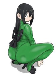 Rule 34 | 1girl, ass, asui tsuyu, black eyes, black hair, bodysuit, boku no hero academia, bow, frog girl, gloves, green bodysuit, hair between eyes, hair bow, high heels, highres, long hair, looking at viewer, low-tied long hair, simple background, solo, squatting, toshinoshin, white background