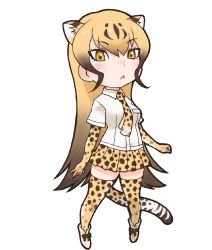 Rule 34 | 1girl, animal costume, animal ear fluff, animal ears, cheetah (kemono friends), highres, kemono friends, looking at viewer, official art, print thighhighs, solo, standing, tachi-e, tail, thighhighs, transparent background, yoshizaki mine
