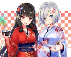 Rule 34 | &gt;:d, 10s, 2girls, :d, bad id, bad twitter id, black hair, blue eyes, blush, bow, checkered background, commentary request, floral print, hair bow, hair ornament, hair over one eye, hair ribbon, hairclip, hamakaze (kancolle), i-class destroyer, isokaze (kancolle), japanese clothes, kantai collection, kimono, long hair, looking at viewer, multiple girls, nanotaro, open mouth, red eyes, ribbon, short hair, silver hair, smile, tress ribbon, v-shaped eyebrows, yukata