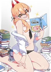 Rule 34 | 1girl, :d, artist name, bespectacled, between breasts, black-framed eyewear, black necktie, black panties, black ribbon, blush, book, book stack, breasts, chainsaw man, convenient censoring, fingernails, glasses, grin, hair censor, hair over breasts, hair over one breast, hair ribbon, head tilt, horns, kajin (kajinman), long fingernails, long hair, long sleeves, looking at viewer, low ponytail, medium breasts, nail polish, navel, necktie, necktie between breasts, off shoulder, open clothes, open mouth, open shirt, orange hair, over-rim eyewear, panties, parted lips, power (chainsaw man), red nails, ribbon, semi-rimless eyewear, sharp teeth, shirt, sitting, smile, solo, teeth, topless, underwear, v-shaped eyebrows, white shirt, yellow eyes, yokozuwari