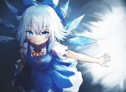 Rule 34 | 1girl, ar (maeus), arm up, blue bow, blue dress, blue eyes, blue hair, bow, breasts, cirno, closed mouth, commentary request, dress, expressionless, from above, highres, ice, ice wings, light blue hair, outstretched arm, puffy short sleeves, puffy sleeves, red ribbon, ribbon, short sleeves, sidelighting, small breasts, solo, touhou, wing collar, wings